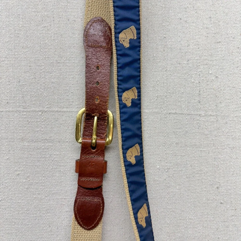 Vintage Surcingle Belt Navy Tan Canvas Leather Lab Dog Head Embroidery Size 42